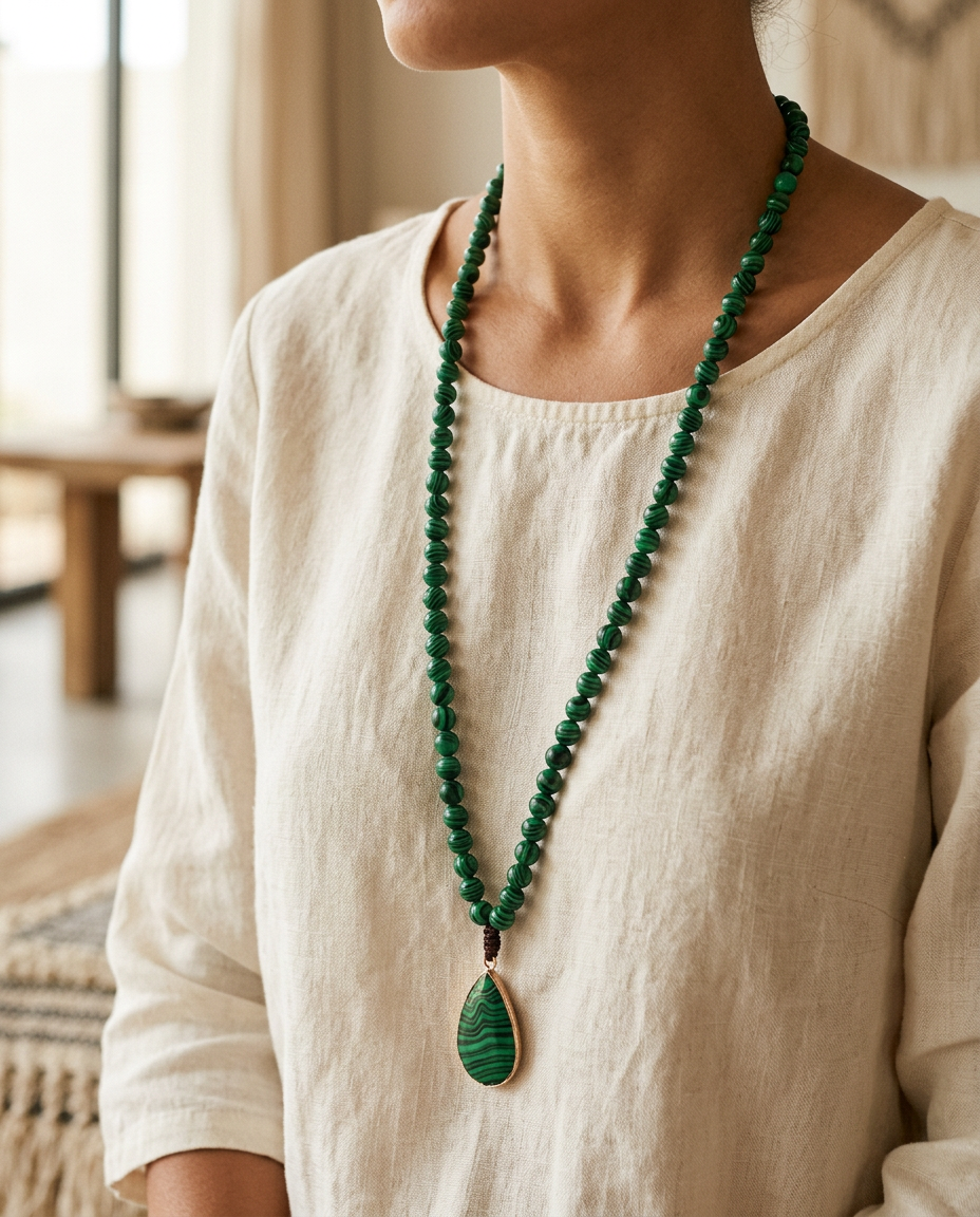 Long malachite mala necklace worn over a cream linen blouse