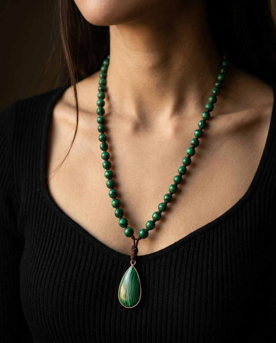 Woman wearing the malachite mala necklace with teardrop pendant over a black ribbed top