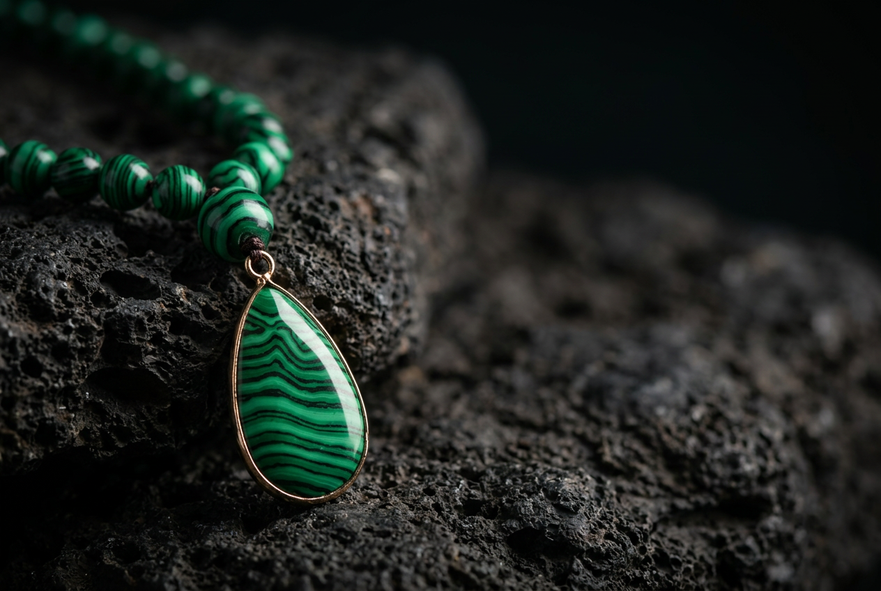 Macro detail of the malachite teardrop pendant and banded green beads